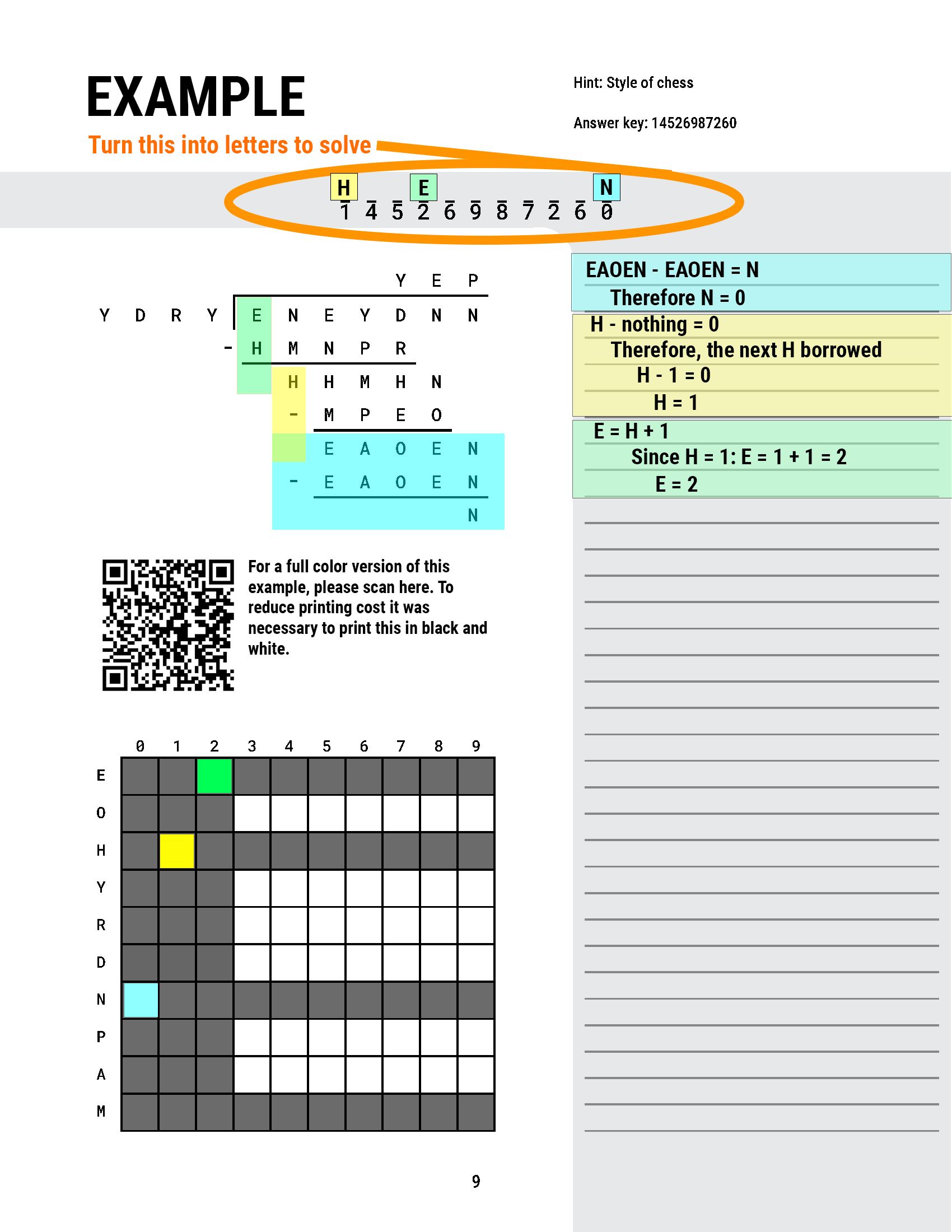 Example of a partially solved long division cryptarithm worksheet